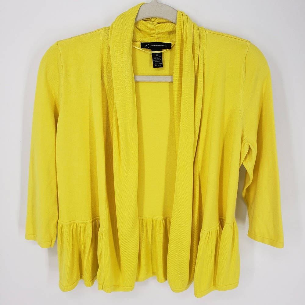 INC International Concepts Peplum Cardigan Sweater M Open Front Yellow Ruffle